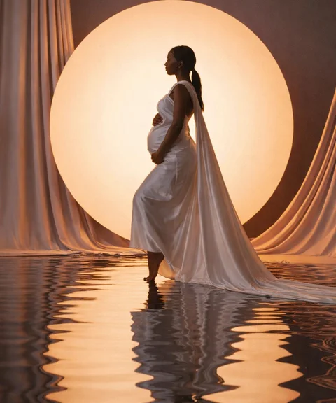 Maternity portrait framed by golden circular light and a water reflection