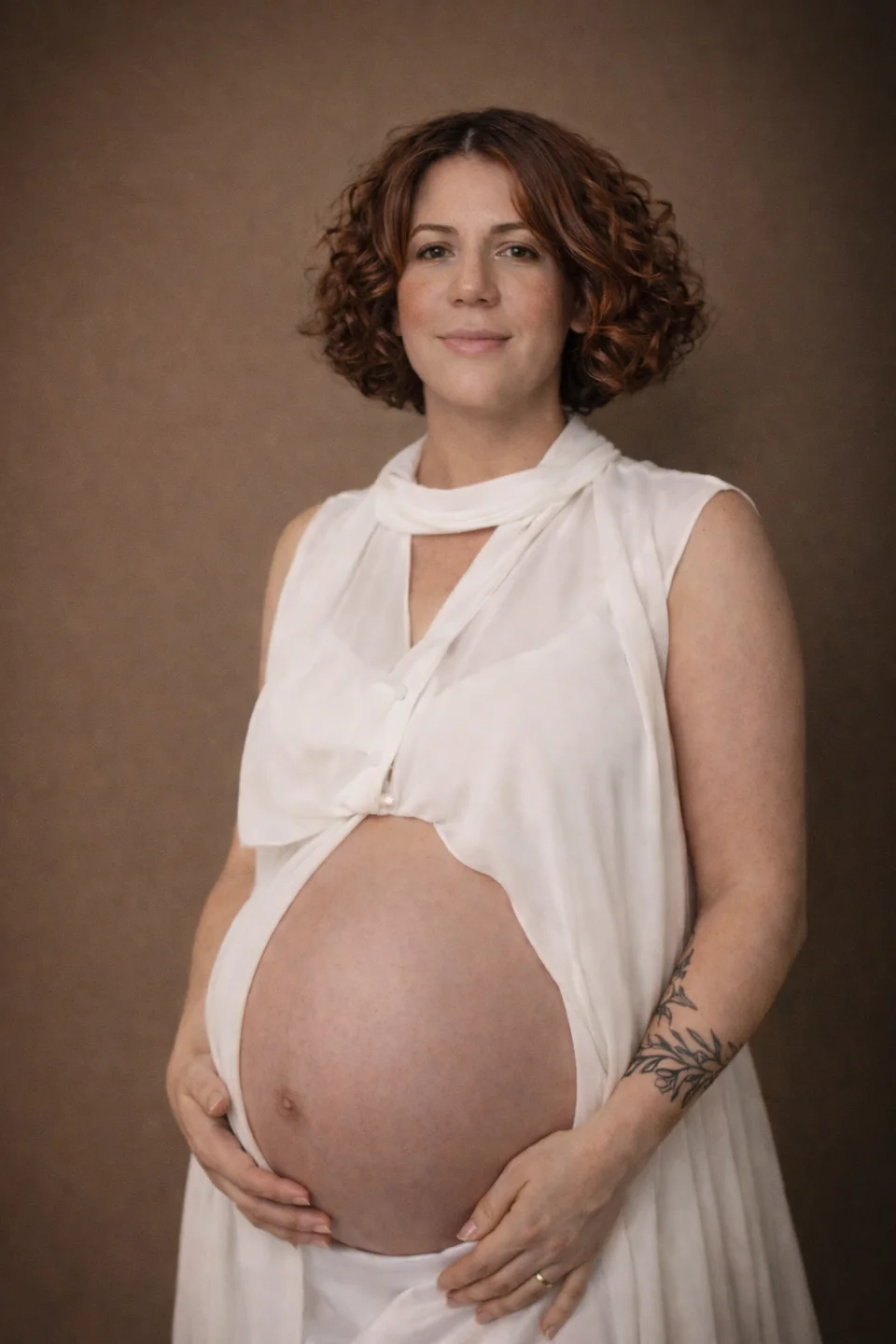 Maternity portrait with a sleeveless white wrap